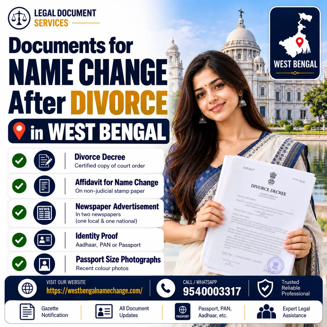 Documents for name change after divorce in West Bengal: certified decree, affidavit, newspaper pages and the gazette Documents for name change after divorce in West Bengal: certified decree, affidavit, newspaper pages and the gazette