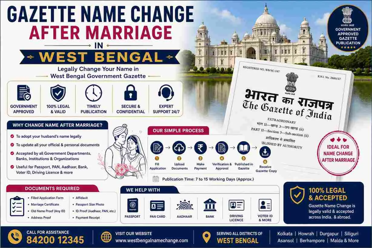 Gazette name change after marriage in West Bengal Gazette name change after marriage in West Bengal: surname change through Kolkata Gazette Part II or Gazette of India