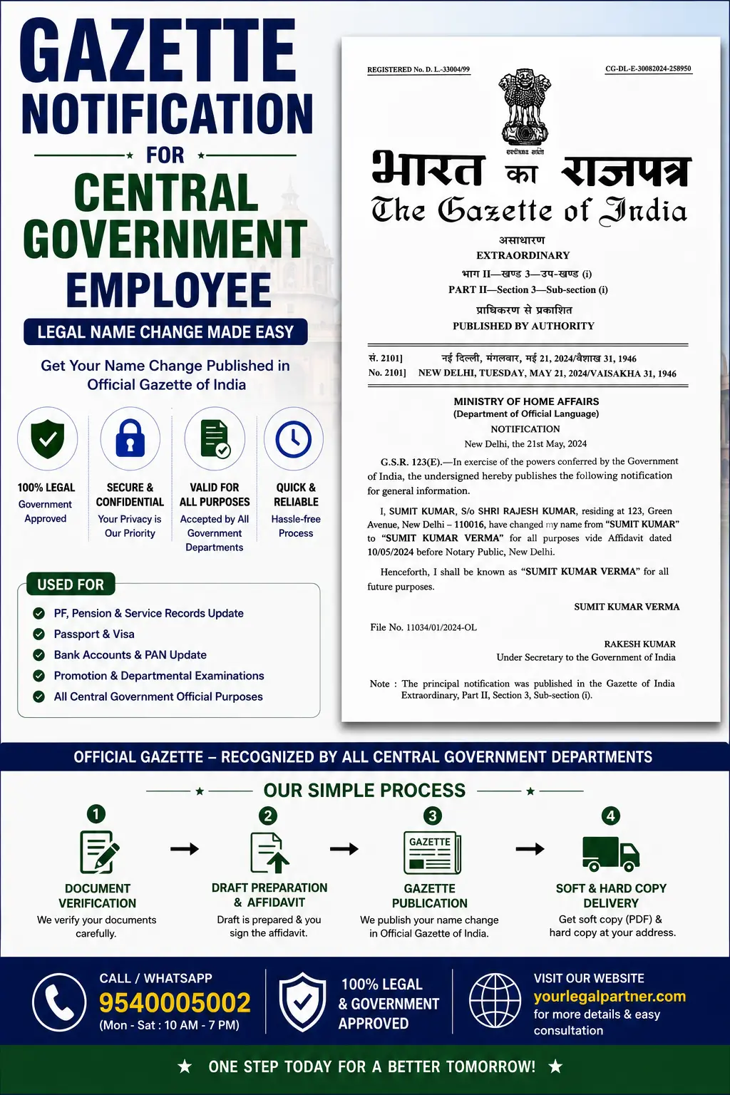 Gazette notification for a central government employee Gazette notification for a central government employee: a deed changing name attested by a gazetted officer, then publication and the Service Book entry