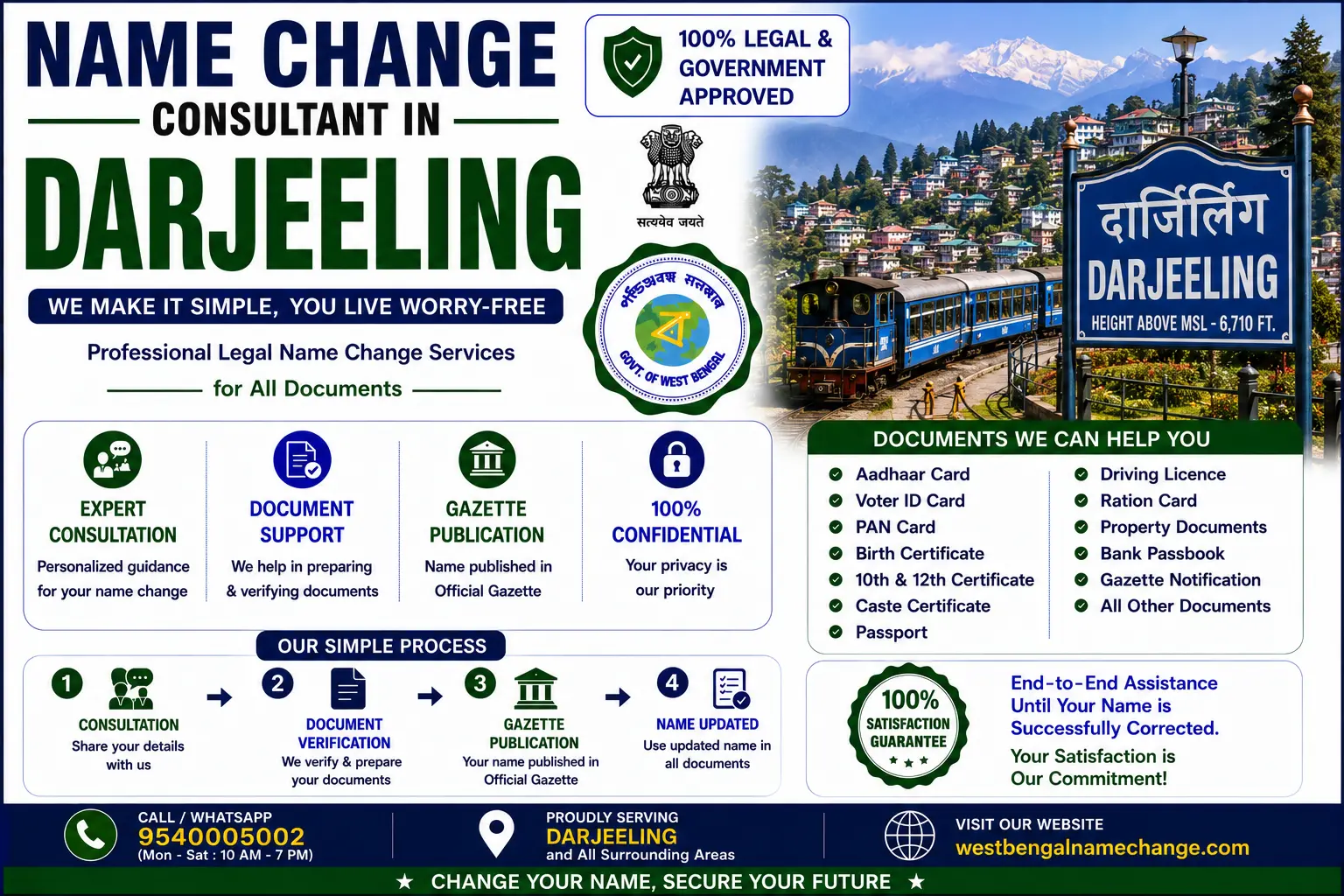 Name change consultant in Darjeeling Name change consultant in Darjeeling: Nepali is official here and one of the six languages the Kolkata Gazette accepts