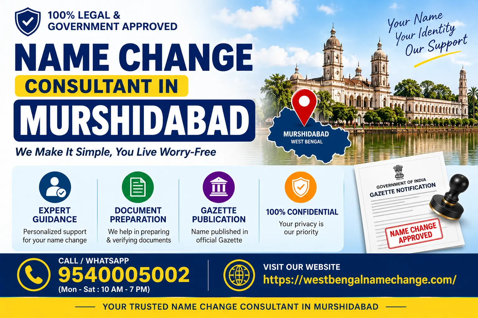 Name change consultant in Murshidabad Name change consultant in Murshidabad: five subdivisions, mostly panchayat-held birth records, and old papers naming places the river has changed