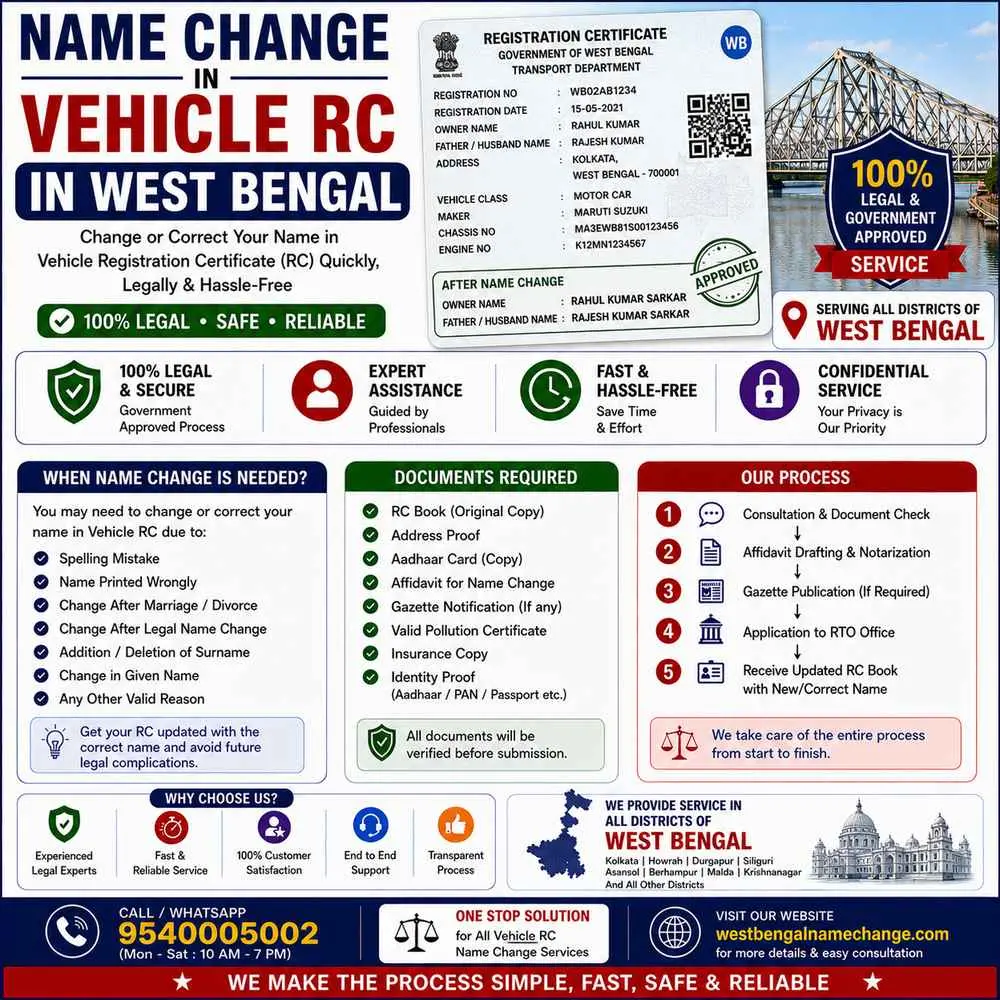 Name change in vehicle RC in West Bengal Name change in a vehicle RC in West Bengal: a correction to your own record, not a transfer of ownership