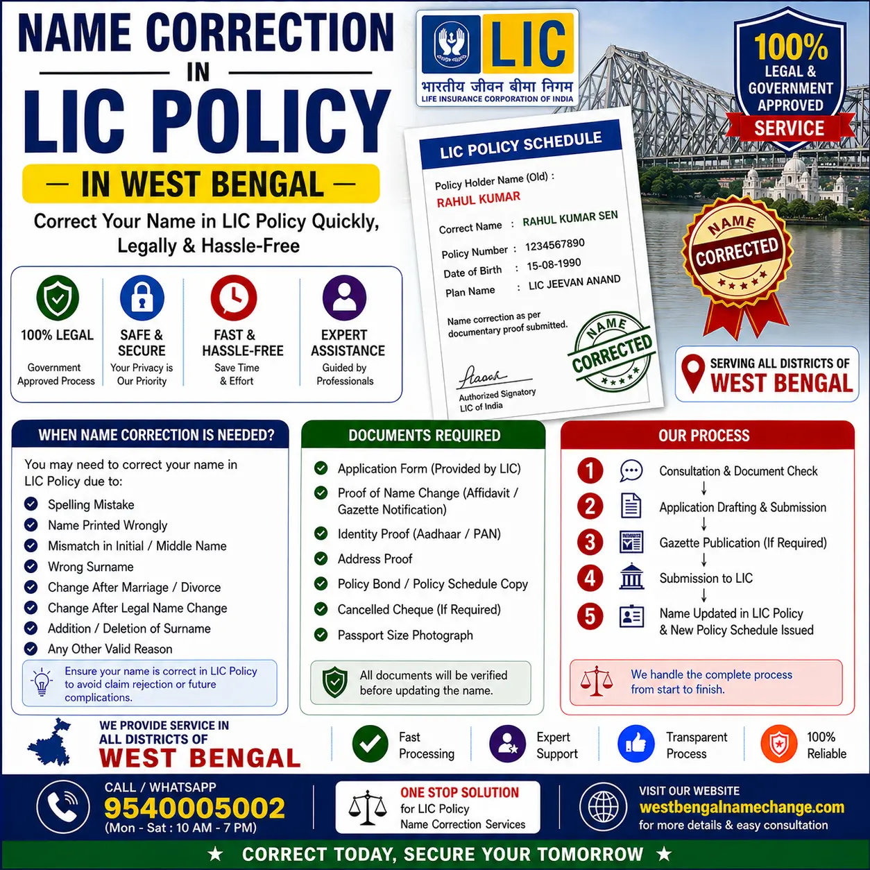 Name correction in LIC policy in West Bengal Name correction in an LIC policy in West Bengal: a written application to the servicing branch with the original policy bond