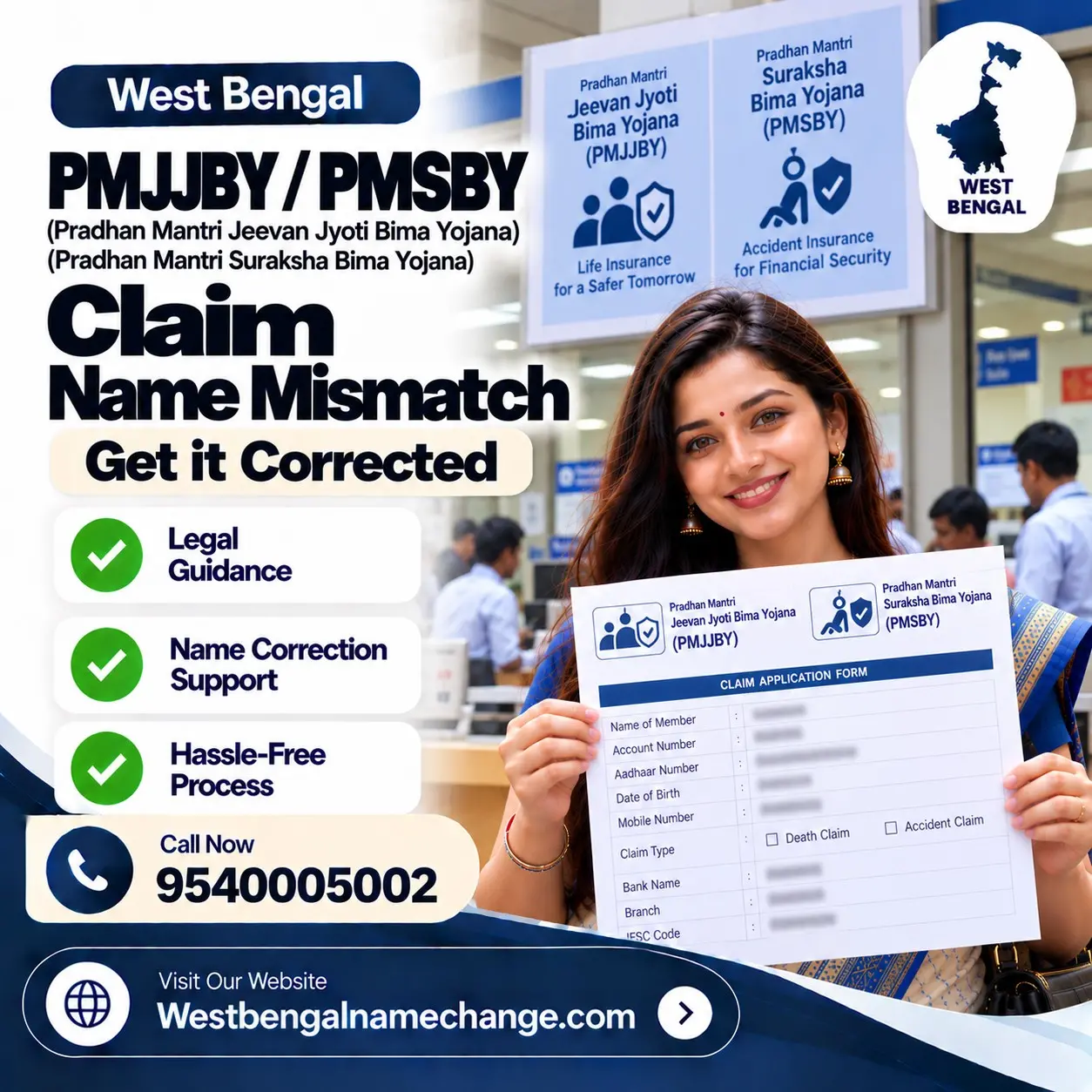 Nominee at a West Bengal bank branch filing a PMJJBY claim with the death certificate and passbook Nominee at a West Bengal bank branch filing a PMJJBY claim with the death certificate and passbook
