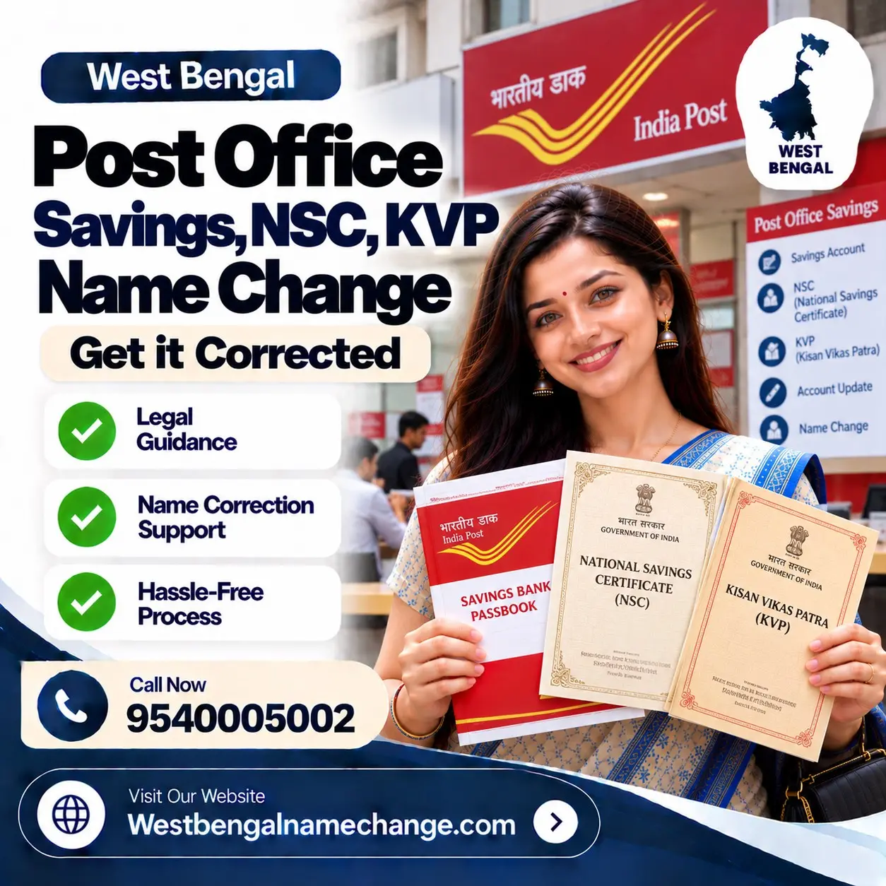 Depositor at a West Bengal post office counter submitting the New/Change KYC form to change the name on NSC and KVP Depositor at a West Bengal post office counter submitting the New/Change KYC form to change the name on NSC and KVP